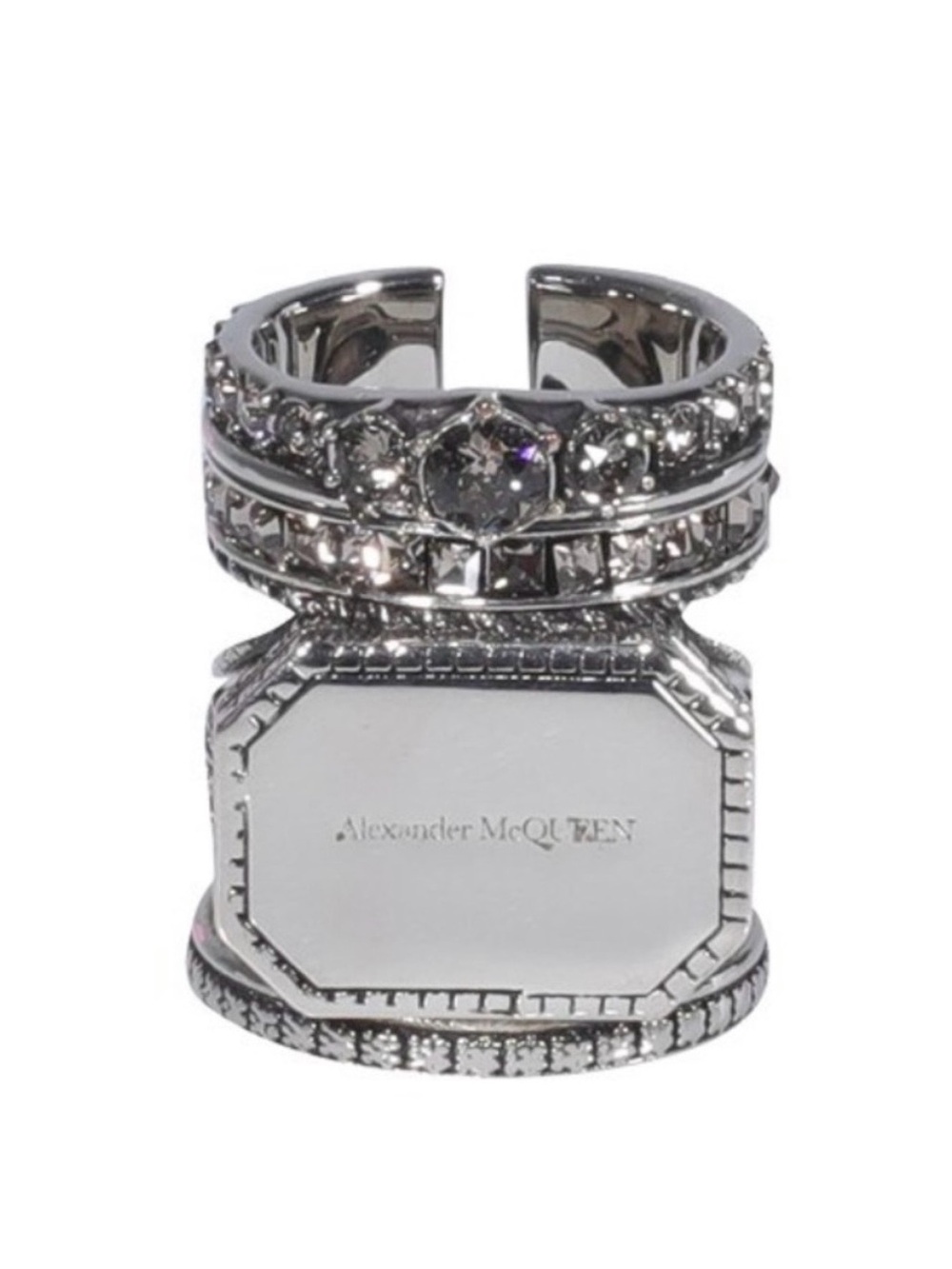 Authentic Alexander McQueen Logo Engraved Stacked Crystal Metal Ornate Ring